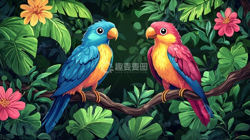 高清大图下载【趣麦麦图】热带丛林鹦鹉情侣图