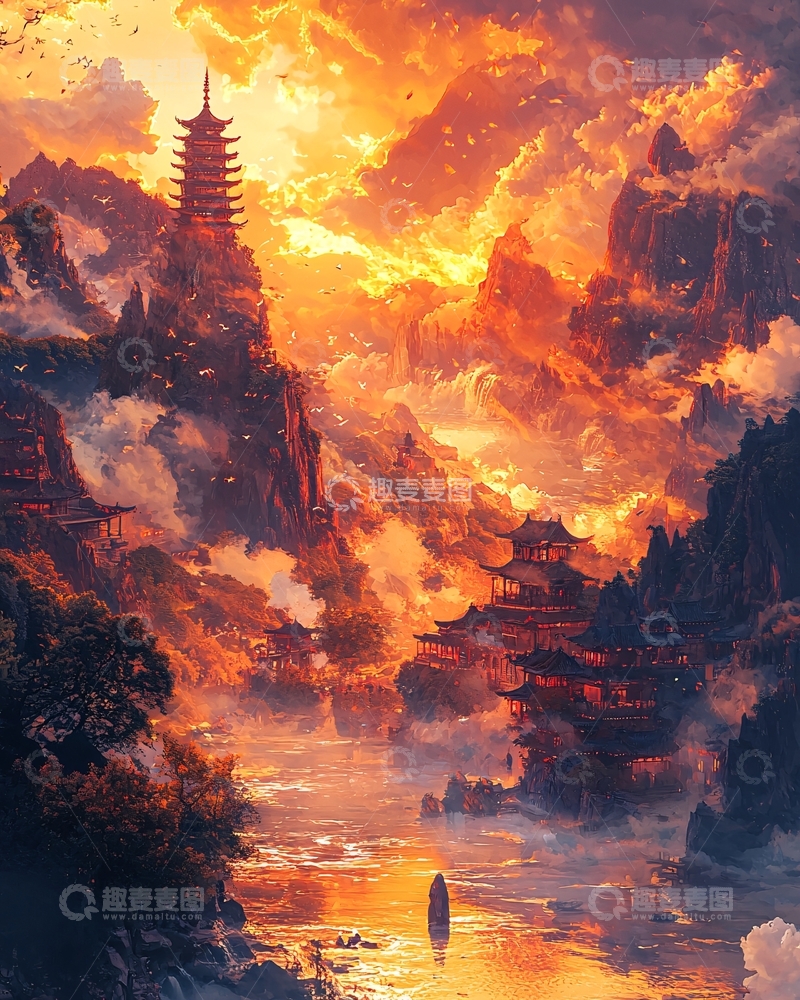 高清大图下载【趣麦麦图】夕阳下的山川古塔