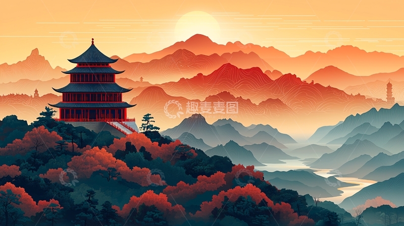高清大图下载【趣麦麦图】日出山峦古塔景色