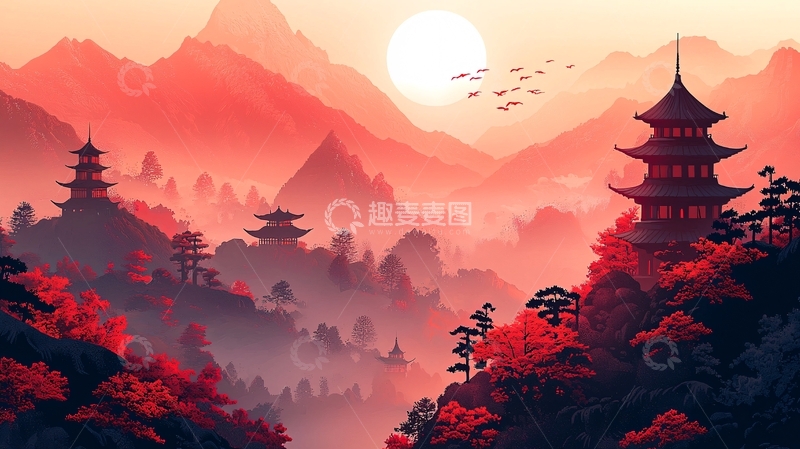 高清大图下载【趣麦麦图】日出山景寺庙剪影