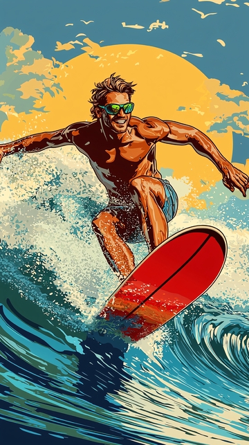 阳光下冲浪的健美男人