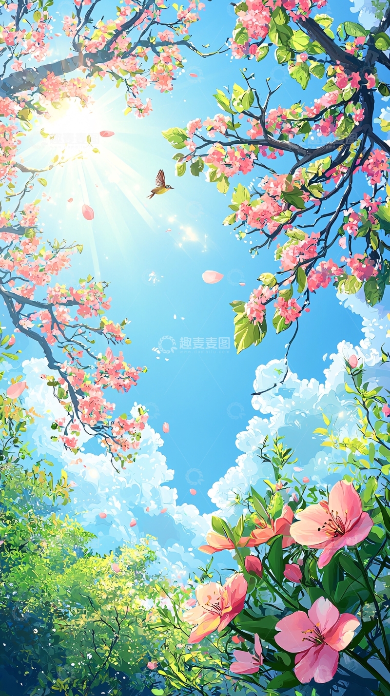 高清大图下载【趣麦麦图】阳光明媚下的粉色樱花树