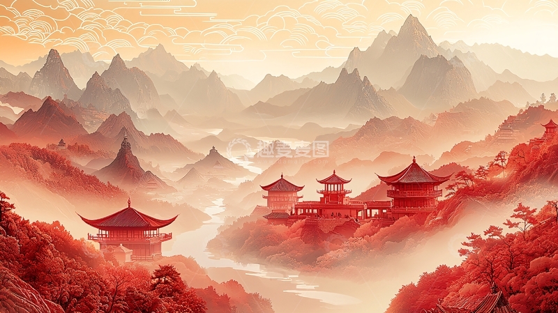 高清大图下载【趣麦麦图】红枫山峦寺庙风景
