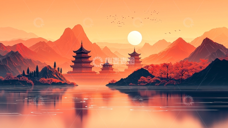 高清大图下载【趣麦麦图】日落时分山水寺庙