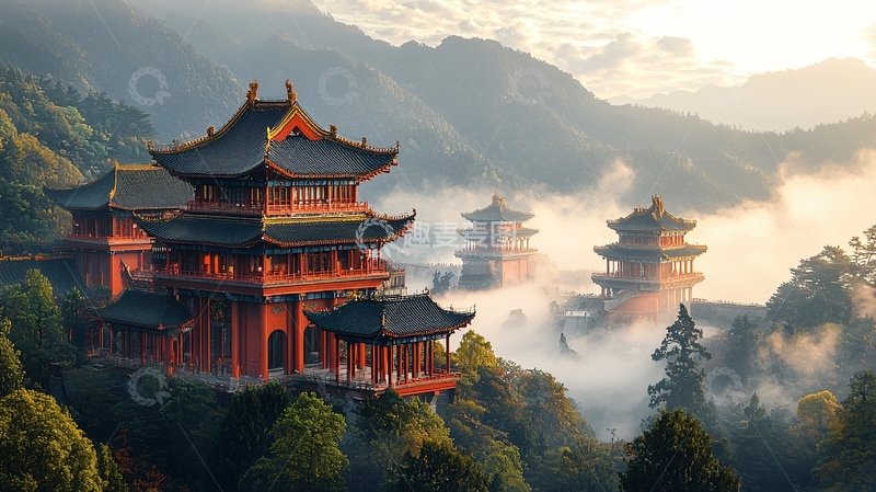 高清大图下载【趣麦麦图】山间红寺庙云海日出