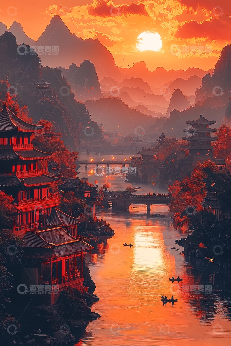 高清大图下载【趣麦麦图】日落山水古镇