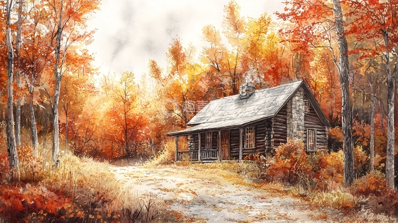 高清大图下载【趣麦麦图】秋日森林小屋