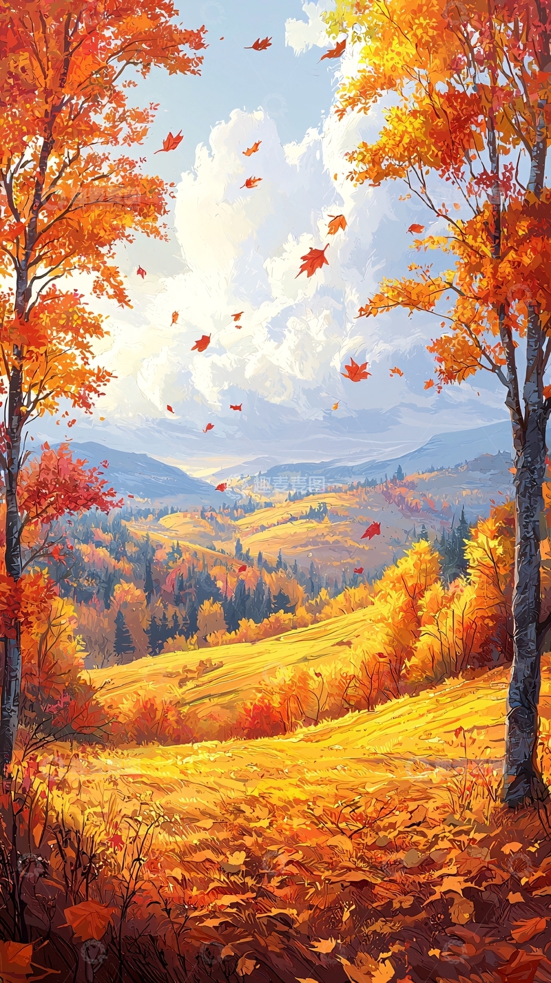 高清大图下载【趣麦麦图】秋日山谷枫叶飘落