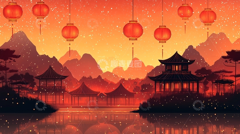 高清大图下载【趣麦麦图】红灯笼山水画