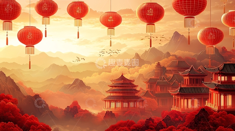 高清大图下载【趣麦麦图】红灯笼下的中国山水画