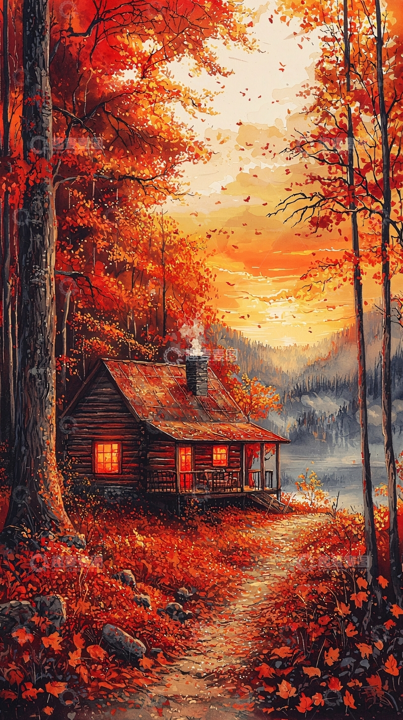 高清大图下载【趣麦麦图】秋日森林小屋风景