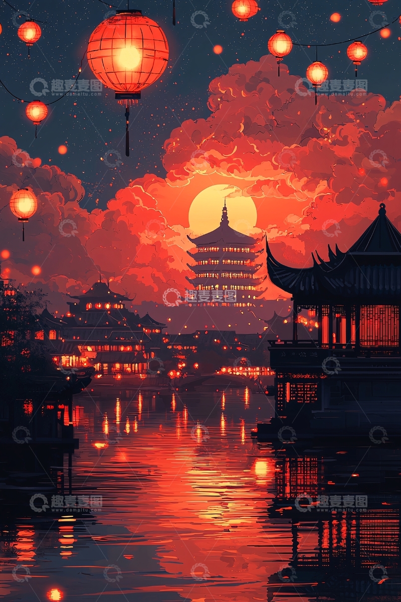 高清大图下载【趣麦麦图】红月亮下的古镇夜景