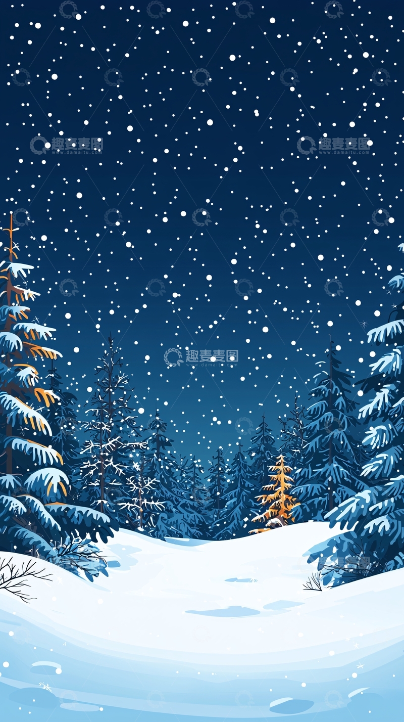 高清大图下载【趣麦麦图】冬夜雪景森林