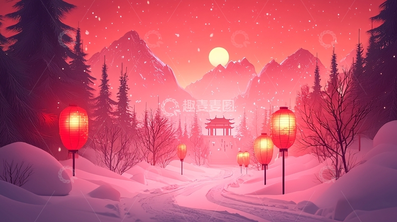 高清大图下载【趣麦麦图】红雪山景中国风意境图