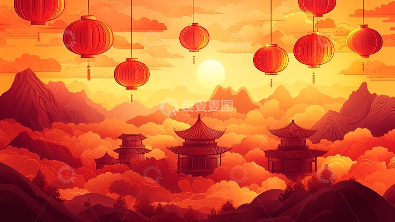高清大图下载【趣麦麦图】夕阳红灯笼山峦景色