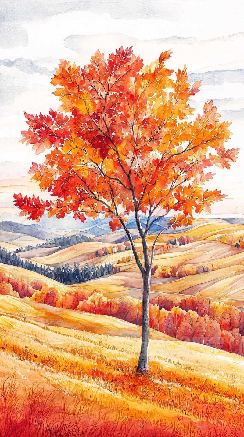 高清大图下载【趣麦麦图】秋日红叶孤树水彩画