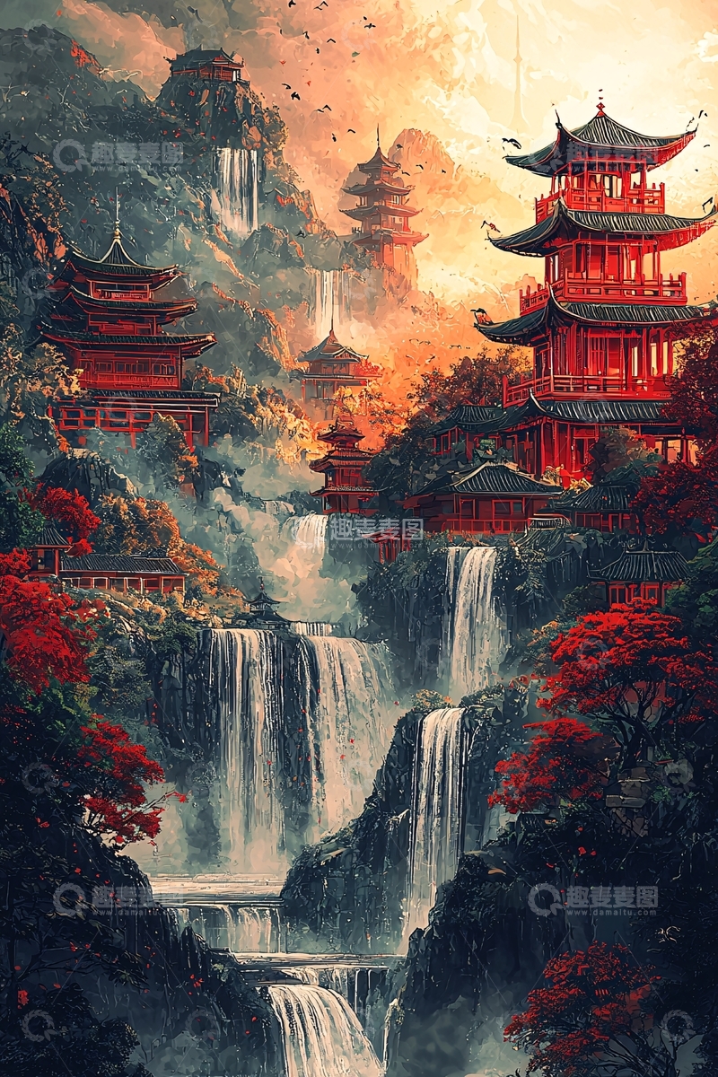 高清大图下载【趣麦麦图】红枫层林叠嶂瀑布古塔