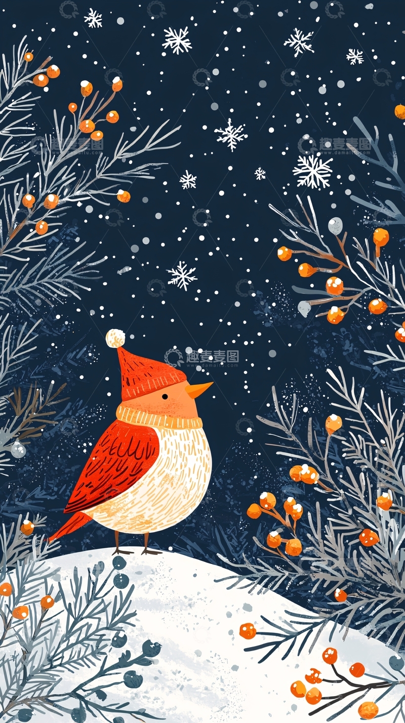 高清大图下载【趣麦麦图】圣诞小鸟雪景图