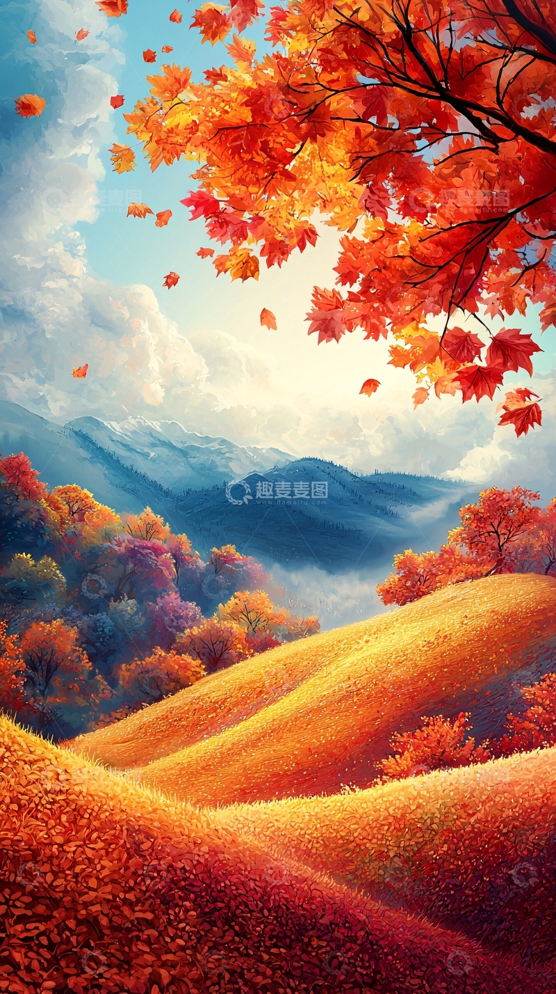 高清大图下载【趣麦麦图】秋日山峦枫叶景色