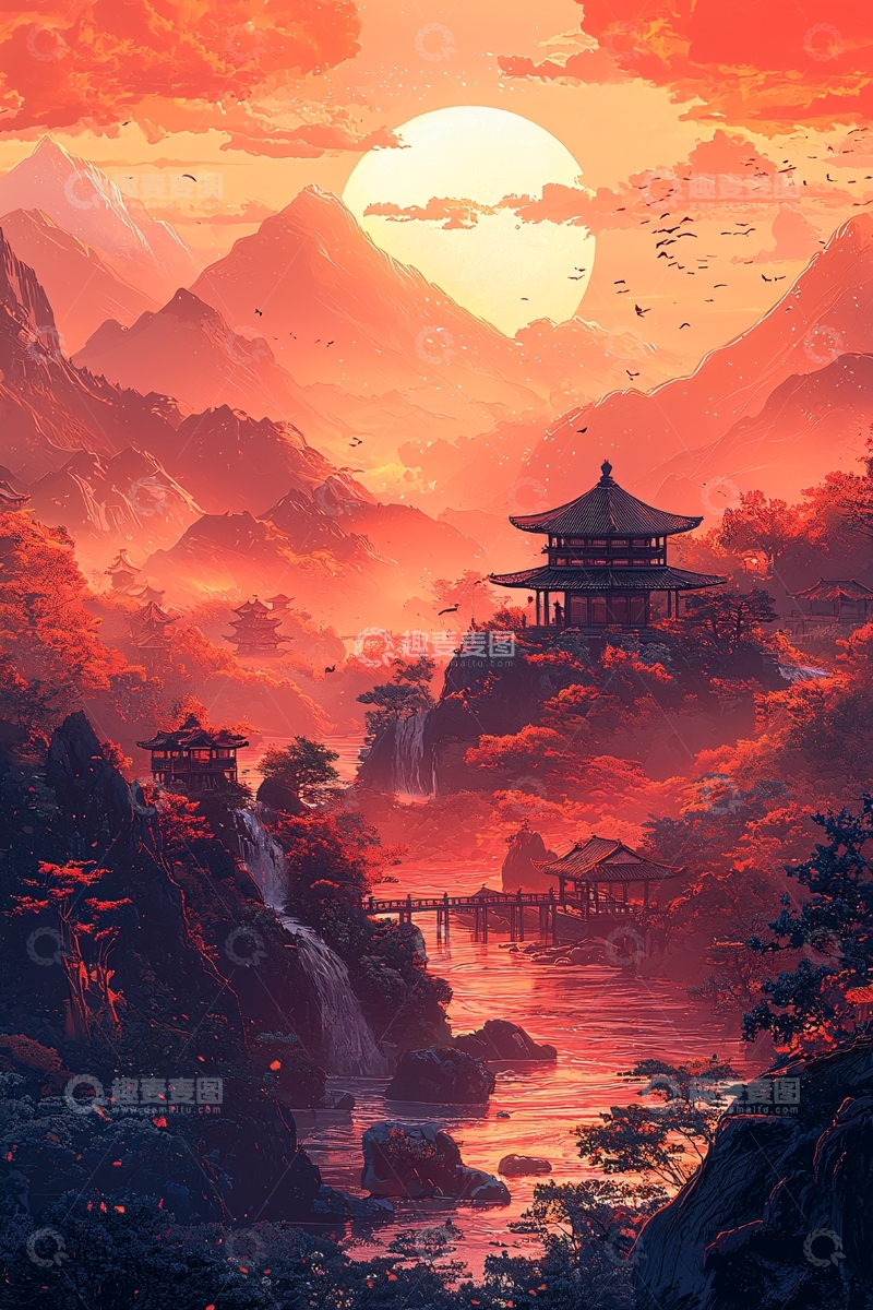 高清大图下载【趣麦麦图】日落山景寺庙图