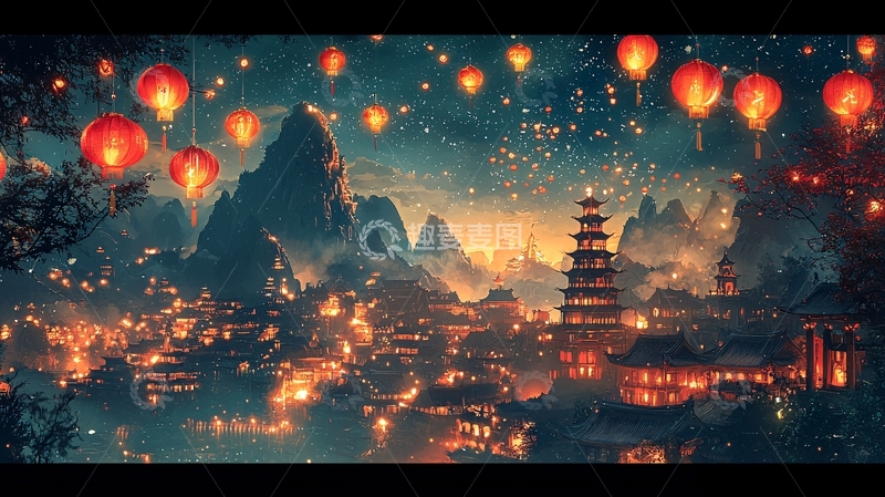 高清大图下载【趣麦麦图】夜景灯笼下的中国古镇