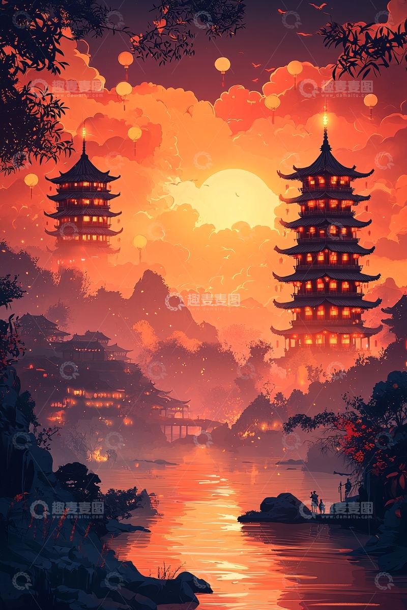 高清大图下载【趣麦麦图】日落余晖下的日本古塔