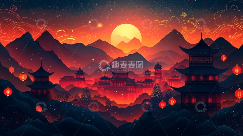 高清大图下载【趣麦麦图】中国风山水日出