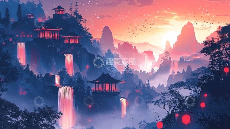 高清大图下载【趣麦麦图】山间日落仙境