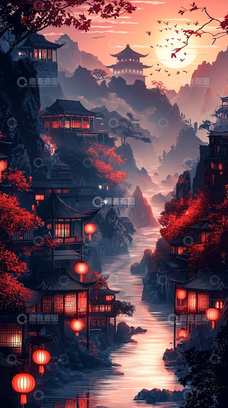 高清大图下载【趣麦麦图】日落山谷古镇夜景