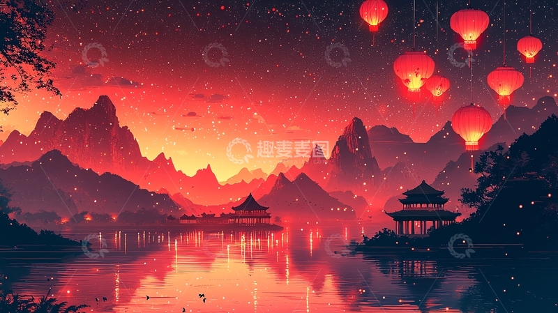 高清大图下载【趣麦麦图】红霞映照下的山山水水