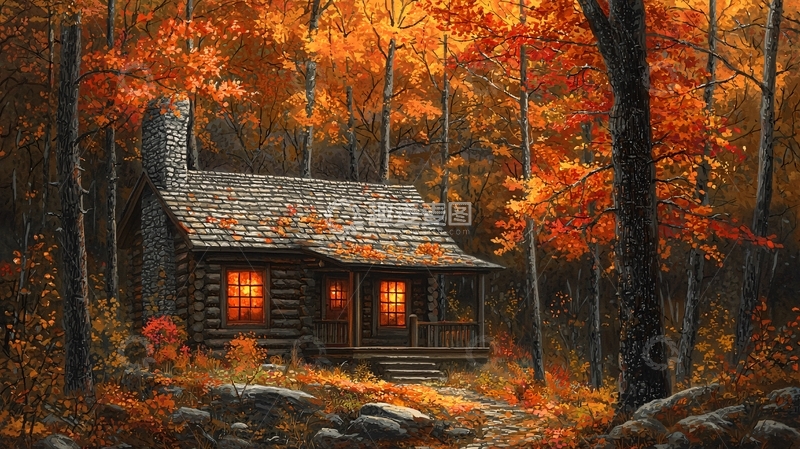 高清大图下载【趣麦麦图】秋季森林小屋
