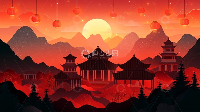 高清大图下载【趣麦麦图】红色中国风山水画