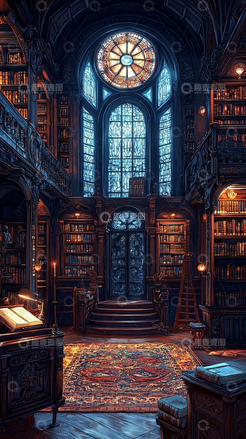 高清大图下载【趣麦麦图】哥特式图书馆室内场景