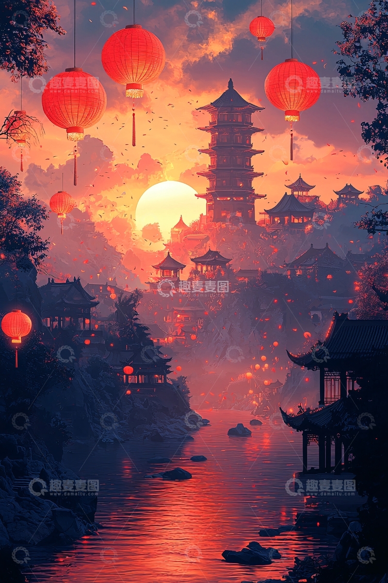 高清大图下载【趣麦麦图】日落时分中国古镇