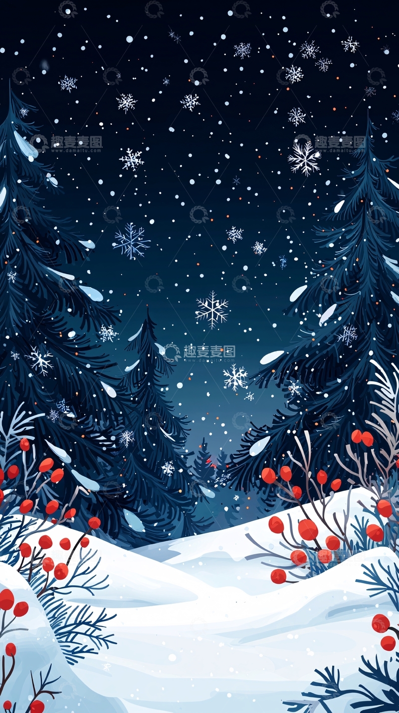 高清大图下载【趣麦麦图】冬夜雪景森林