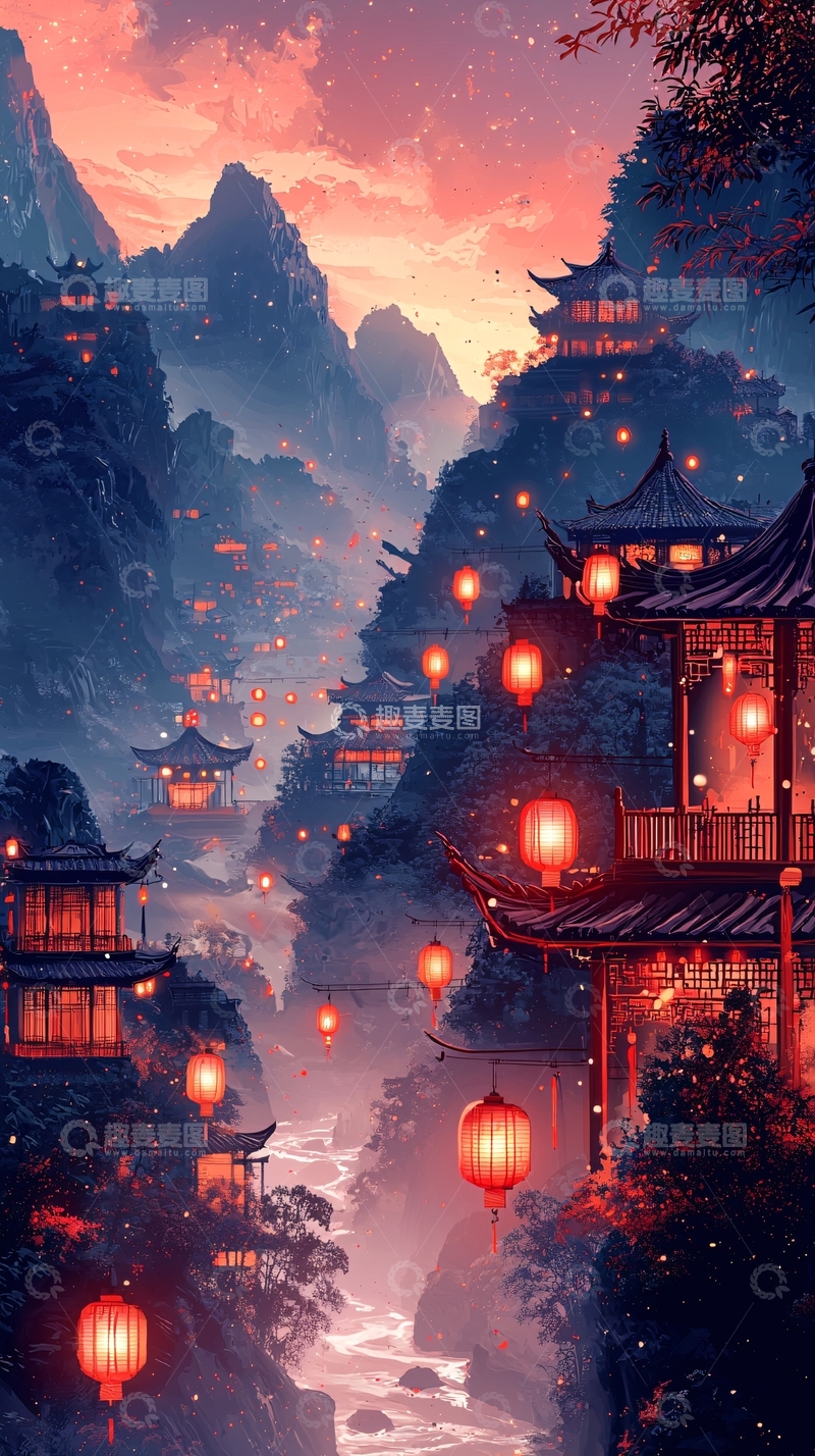 高清大图下载【趣麦麦图】山间红灯笼古镇夜景