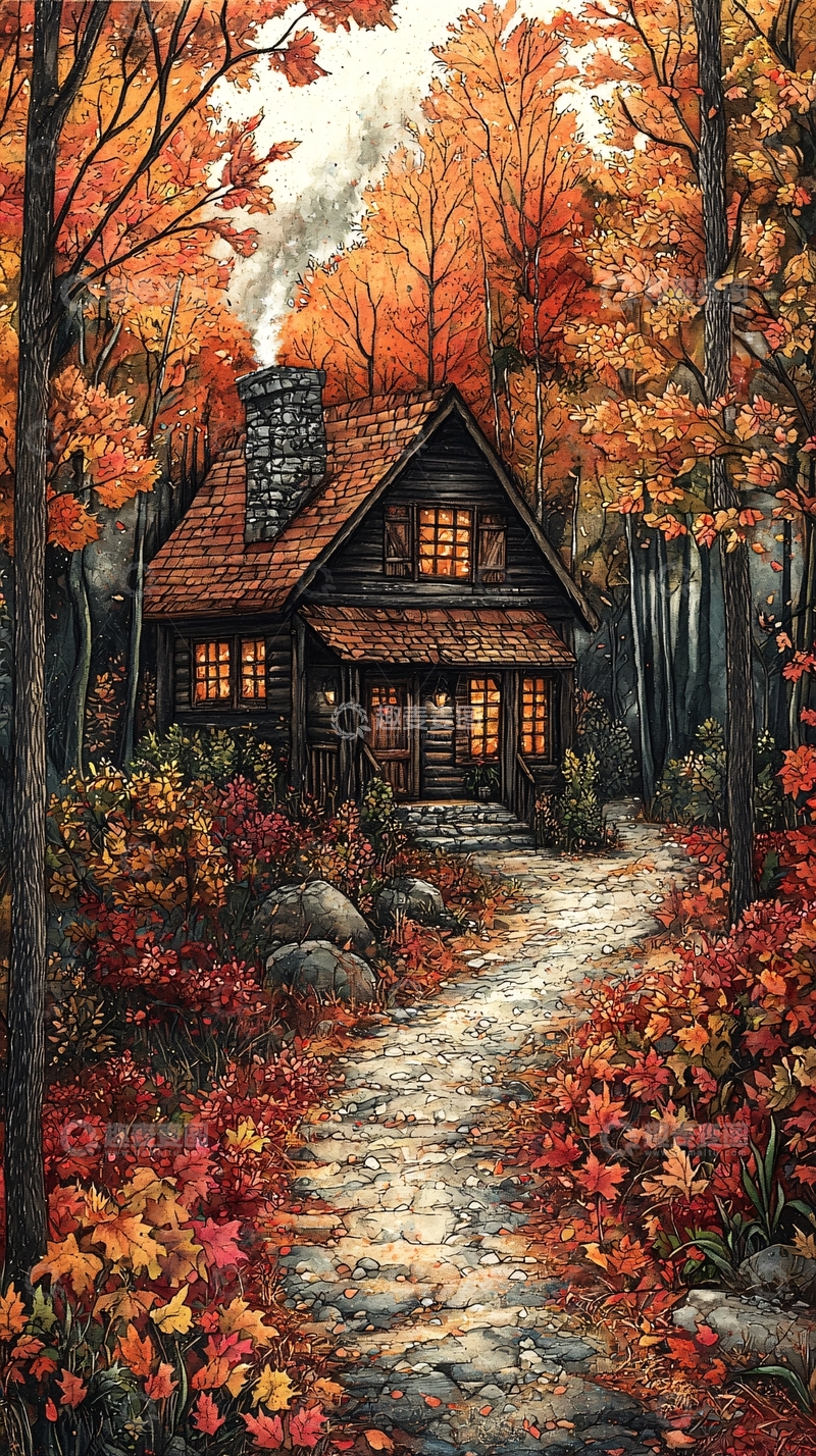 高清大图下载【趣麦麦图】秋日森林小屋