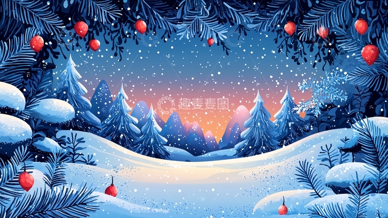 高清大图下载【趣麦麦图】冬日雪景森林日落