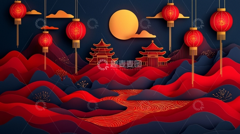 高清大图下载【趣麦麦图】中秋节灯笼山水画