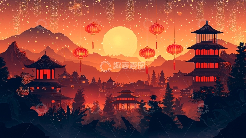 高清大图下载【趣麦麦图】日落山景中国风建筑