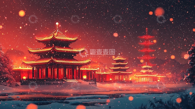 高清大图下载【趣麦麦图】红墙黄瓦雪夜古建筑