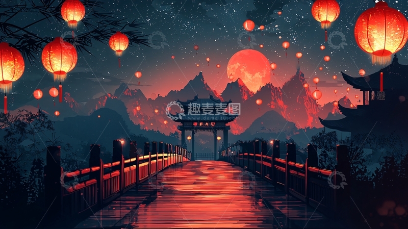 高清大图下载【趣麦麦图】-红月下的中国风意境图