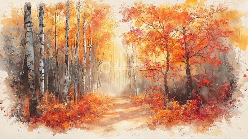 高清大图下载【趣麦麦图】秋日森林小路水彩画