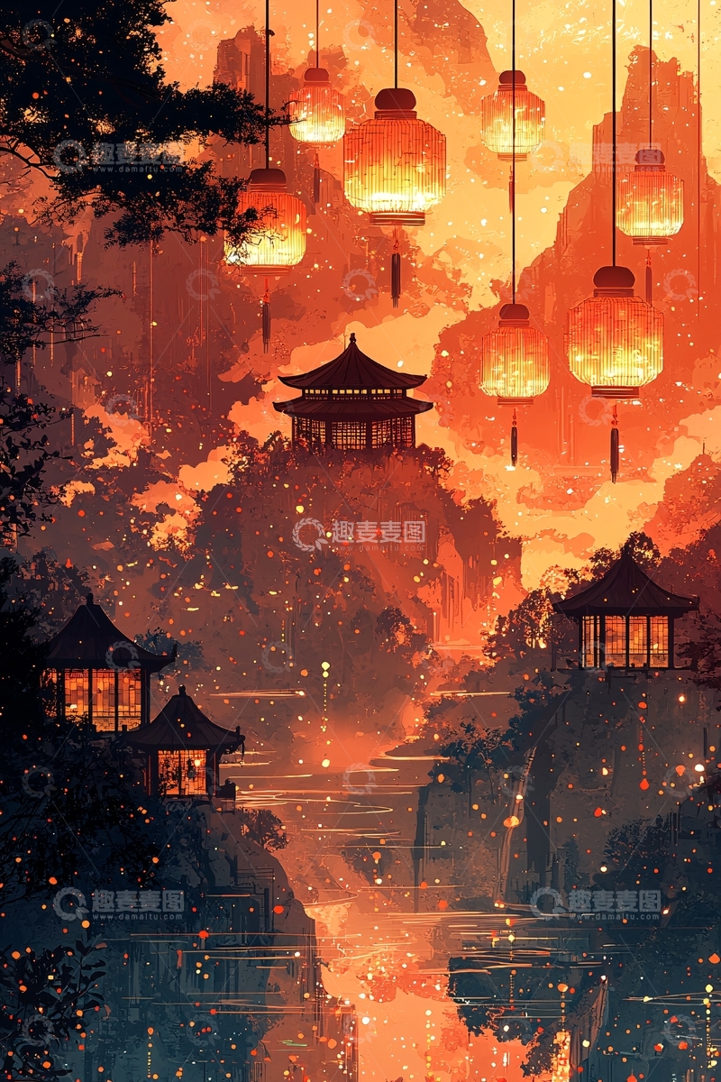 高清大图下载【趣麦麦图】山间古建筑红灯笼夜景