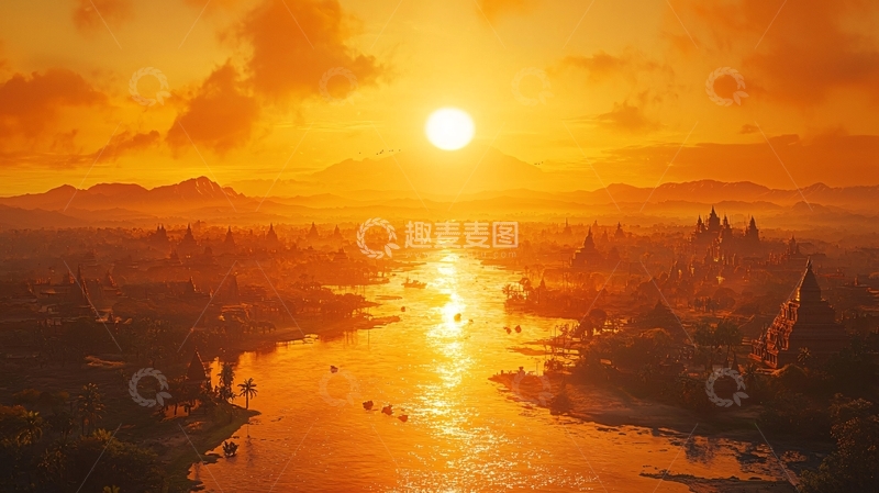 高清大图下载【趣麦麦图】橘色夕阳下的河流城市