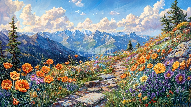 高清大图下载【趣麦麦图】山间小路鲜花盛开