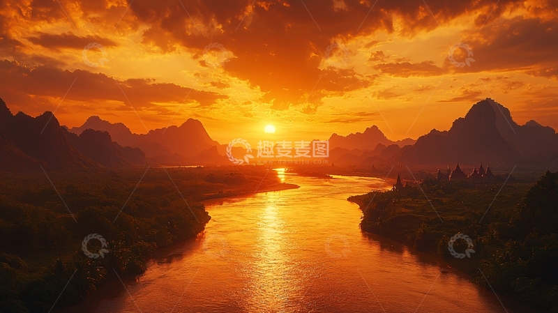 高清大图下载【趣麦麦图】橘红色夕阳下的山河景色