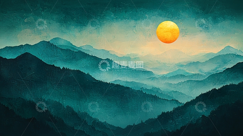 高清大图下载【趣麦麦图】雾气山峦日出图