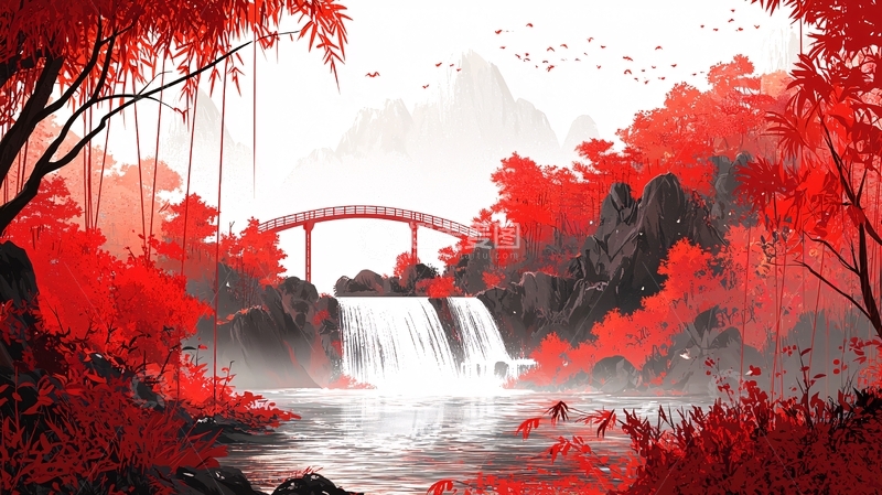 高清大图下载【趣麦麦图】红枫林瀑布桥