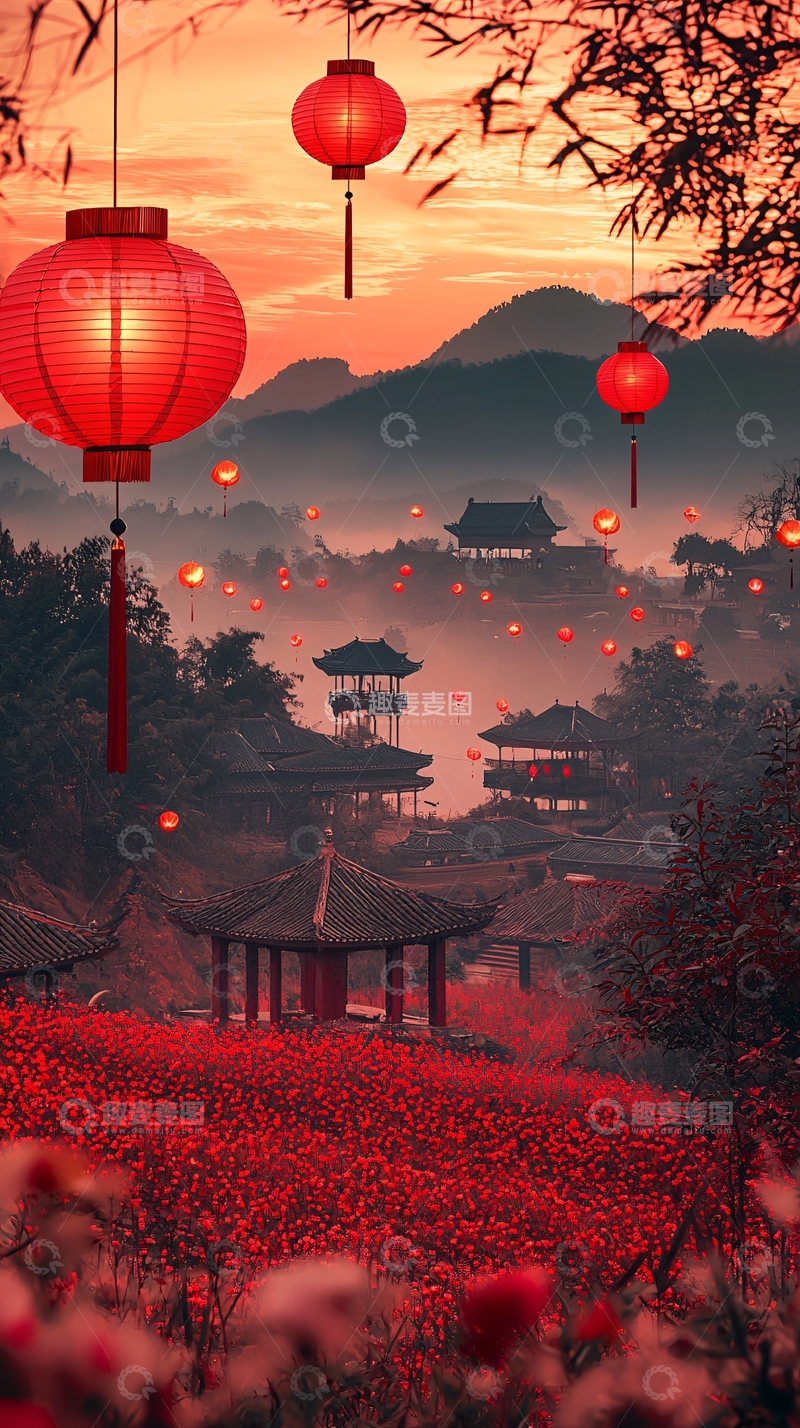高清大图下载【趣麦麦图】红灯笼下的中式村庄